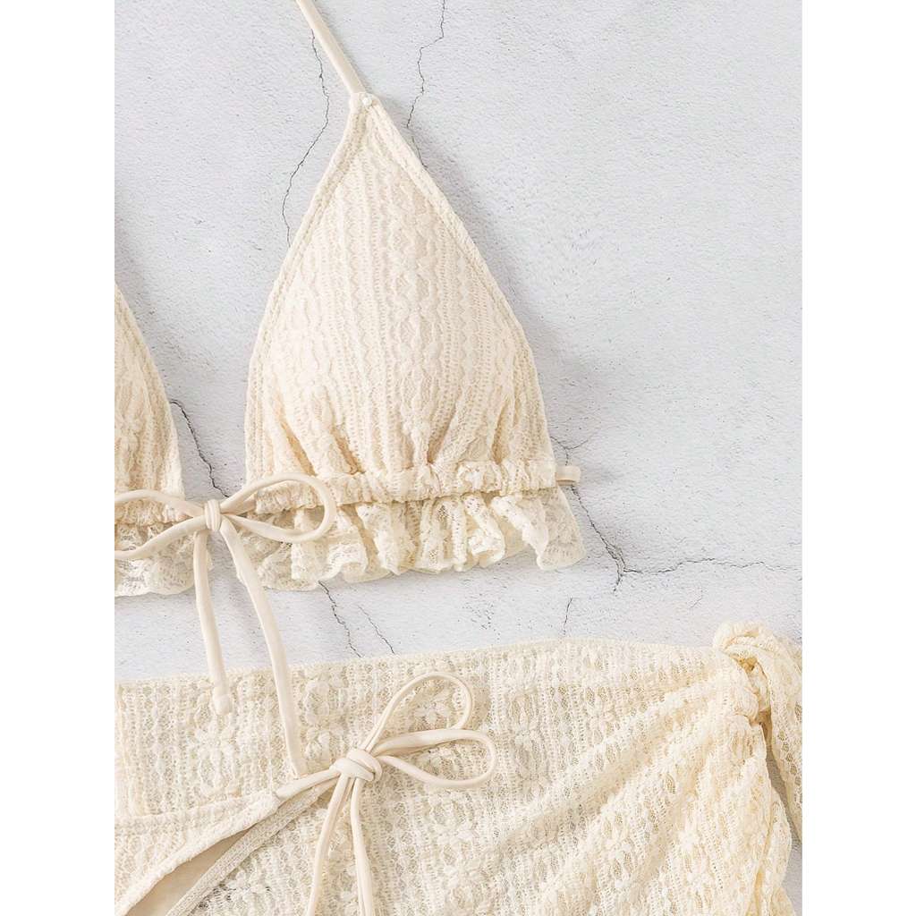 [CÓ SẴN] Set Bikini 3 Mảnh Màu Be Dệt Hoa  (Áo + Quần + Khăn) Có Mút Lót 🌺 Freeship (EBP02) | BigBuy360 - bigbuy360.vn