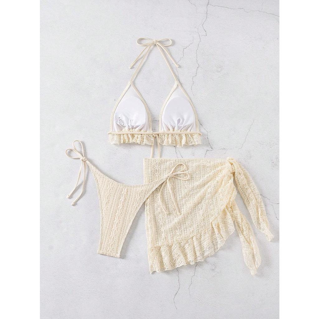 [CÓ SẴN] Set Bikini 3 Mảnh Màu Be Dệt Hoa  (Áo + Quần + Khăn) Có Mút Lót 🌺 Freeship (EBP02) | BigBuy360 - bigbuy360.vn