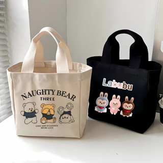 Túi đựng hộp cơm, túi vải đựng mĩ phẩm đồ makeup in hình Labubu, Capy Bara, 3 con gấu sức chứa lớn