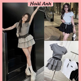  Set Bộ Đồ Nữ Miu Áo Tay Dơi Phối Viền Ren Trắng Mix Chân Váy Mì Xoè Tầng Freesize 