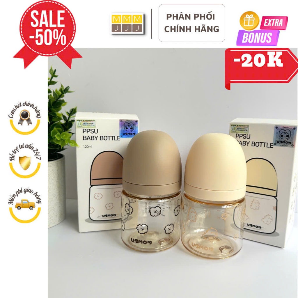 Bình sữa Ubmom Tiny 120ml dành cho bé từ sơ sinh họa tiết dễ thương - minjeebaby