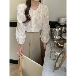  Áo sơ mi nữ dài tay thêu hoa nổi Maian cổ tròn viền bèo tay bo chun chất thô dáng babydoll tiểu thư đi học đi chơi A5450 
