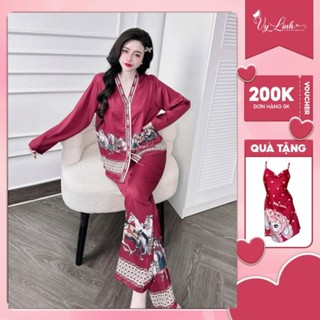 Bộ đồ ngủ cổ Y Vy Linh tay dài chất liệu lụa latin thoáng mát, thấm hút mồ hôi tốt S1081
