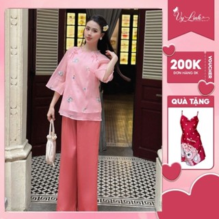 Bộ lam thêu hoa chất liệu voan thêu phối quần latin thoáng mát,thấm hút mồ hôi mặc đi lễ chùa s1002