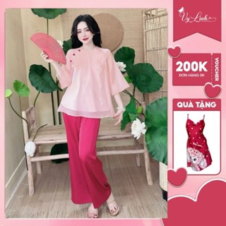  Bộ lam voan đính nút Vy Linh chất liệu voan thêu phối quần latin thoáng mát thấm hút mồ hôi mặc đi lễ chùa s1205 