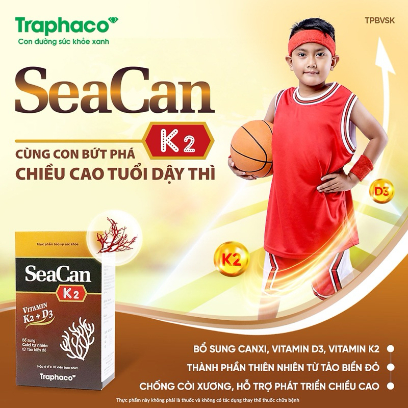 seacan k2 vitamin k2 + d3 Bổ sung canxi, phòng ngừa lão hóa xương ở người lớn và còi xương chậm phát