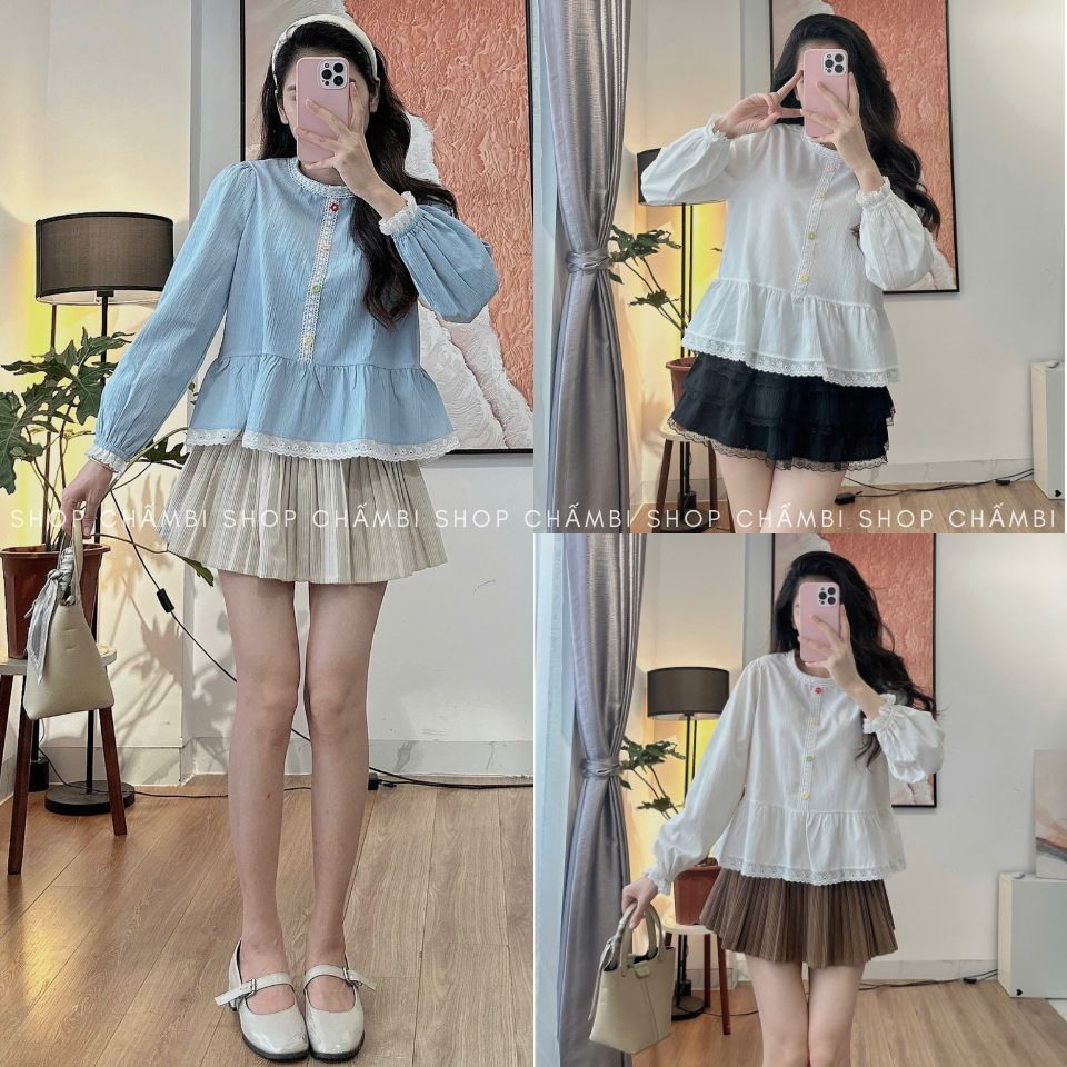 Áo sơ mi nữ A.720, Áo cổ tròn tay dài dáng babydoll phối ren và cúc hoa xinh xắn phong cách nhẹ nhàng - Shop Chấm Bi