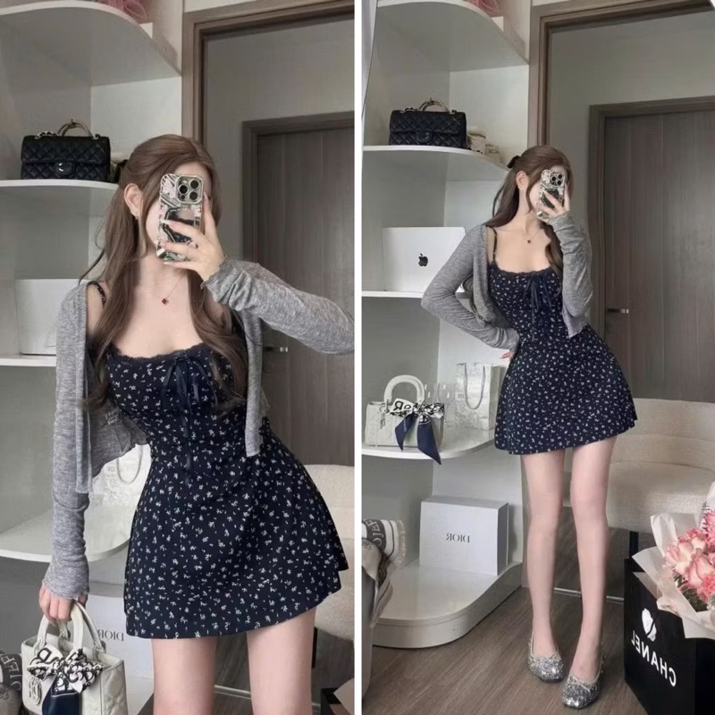 [HÀNG QC] Set váy Hoa nhí 2 Dây VIỀN REN mix kèm áo khoác ngoài chất thun tăm mềm mát KHÔNG ĐỆM NGỰC ko | BigBuy360 - bigbuy360.vn