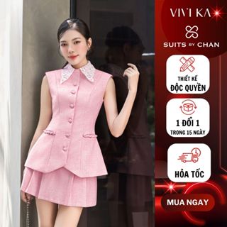 VIVIKA - Set đồ nữ thiết kế Phoebe áo ghile phối lá cổ+chân váy xếp ly thanh lịch - VKSE00489