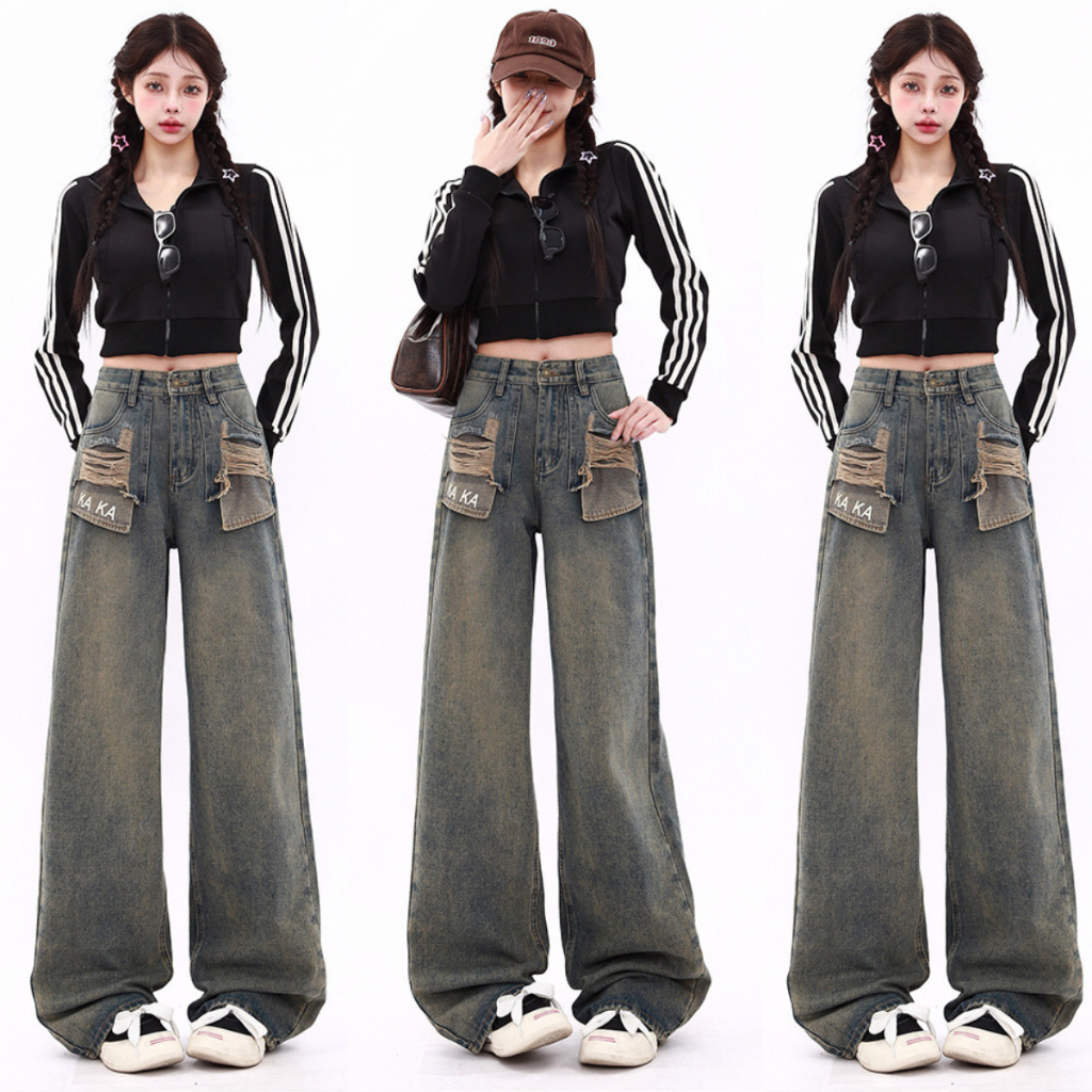 Quần Jean Nữ ống Rộng Cạp Cao màu bụi WASH thêu chữ KAKA dáng suông ĐỨNG MIAA chất Jean co dãn