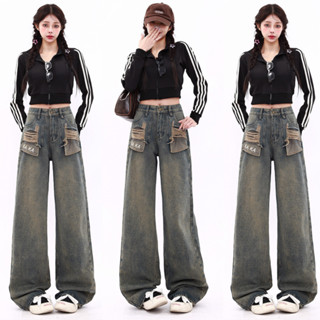 Quần Jean Nữ ống Rộng Cạp Cao màu bụi WASH thêu chữ KAKA dáng suông ĐỨNG MIAA chất Jean co dãn