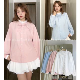 Áo sơ mi nữ A.715, Áo sơ mi basic dài tay cổ ren trắng phối nơ buộc nhiều màu phong cách dễ thương - Shop Chấm Bi