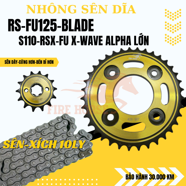Bộ Nhông Sên Dĩa WAVE RS-FU 125-WAVE ALPHA-WAVE S110-WA LỚN Thương Hiệu FIRE HORSE