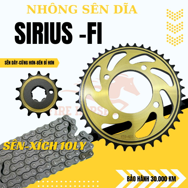 Bộ Nhông Sên Dĩa SIRIUS FI (Dĩa Nhông Mạ Vàng-Sên Đen)Thương Hiệu FIRE HORSE Trui Cứng SÊN 10 LY