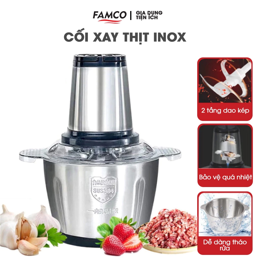 Máy Xay Thịt Đa Năng Cối INOX 304 2L Công Suất 250W, 4 Lưỡi Dao Xay Thịt Cá, Rau Củ, Xay Sinh Tố New