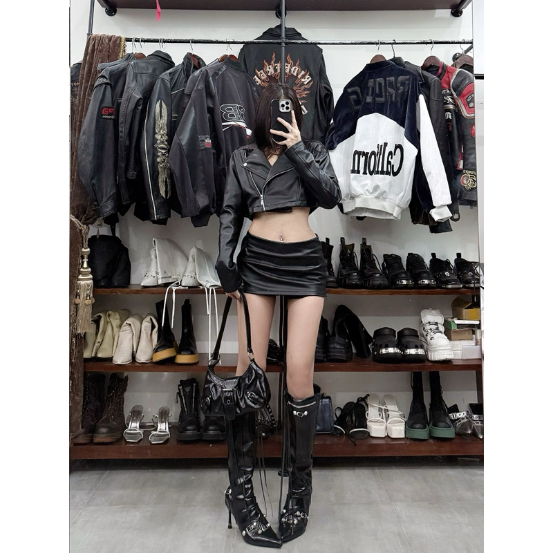 Áo Khoác Da Crop Dáng Biker