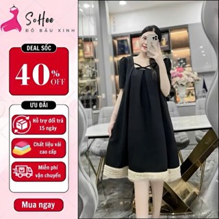 Váy bầu xinh, đầm bầu mùa hè dáng babydoll cổ tròn phối dây nơ điệu đà , thân váy xếp ly kết hợp đuôi xòe ngắn xinh xắn
