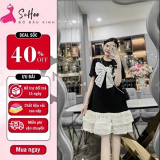 Váy bầu xinh, đầm bầu đẹp dáng babydoll SOHEE thiết kế đuôi bèo xinh xắn, trang trí nơ đính ngọc nổi bật, sang chảnh
