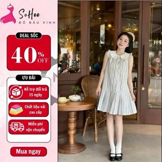 Váy bầu mùa hè, đầm bầu thiết kế dáng babydoll SOHEE, cổ sơ mi, tay áo sát nách thoáng mát, váy 2 lớp đũi hàn cao cấp