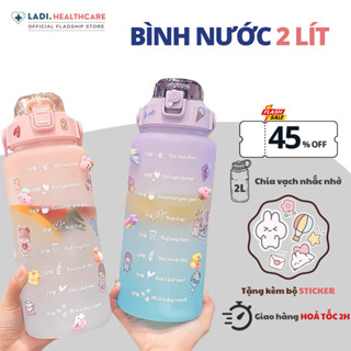 Bình nước 2 lít [ tặng Sticker] dành cho người lười uống nước, bình nước cute 2L có ống hút, vạch chia nhắc giờ