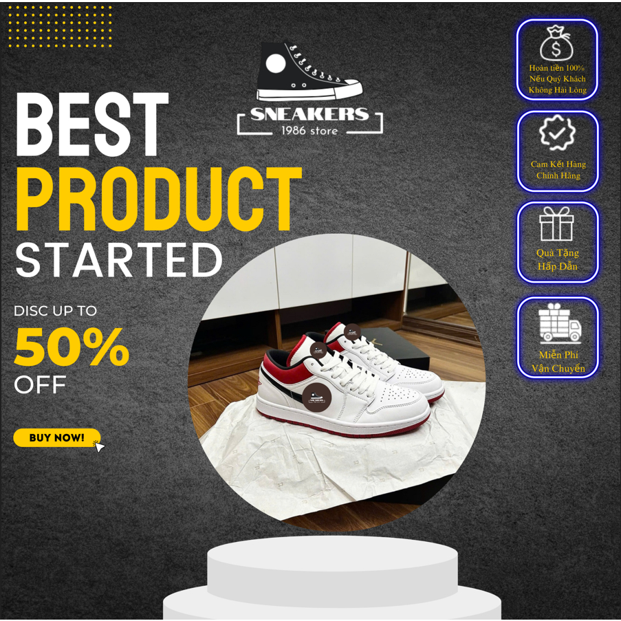 Giày Sneaker _J.D.1 Trắng Gót Đỏ, Giày Thể Thao Nam Nữ J.D.1 Trắng Gót Đỏ Phong Cách Basic Hot Trend