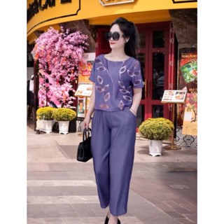  Đồ Bộ Nữ Cao Cấp Trung Niên Chất Mango Mặc Mát Áo Cộc Quần Ống Suông Mã MT23 