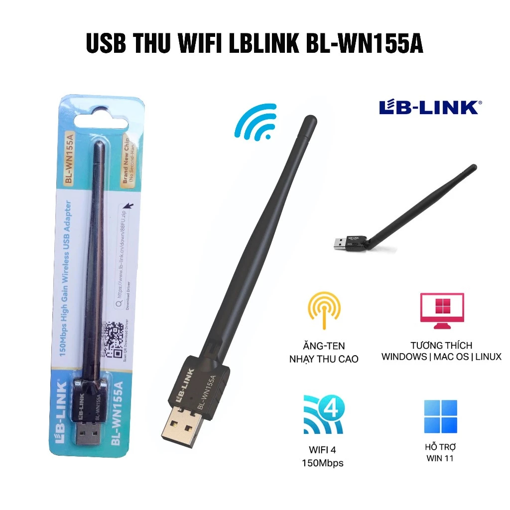 Bộ thu Wifi USB LB-Link BL-WN155A-150Mbps 1 râu đen, Tốc độ truyền tải 150Mbps