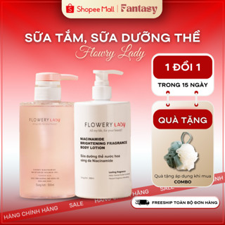 Combo sữa dưỡng thể, sữa tắm FLOWERYLADY dưỡng trắng Niacinamide 500ml