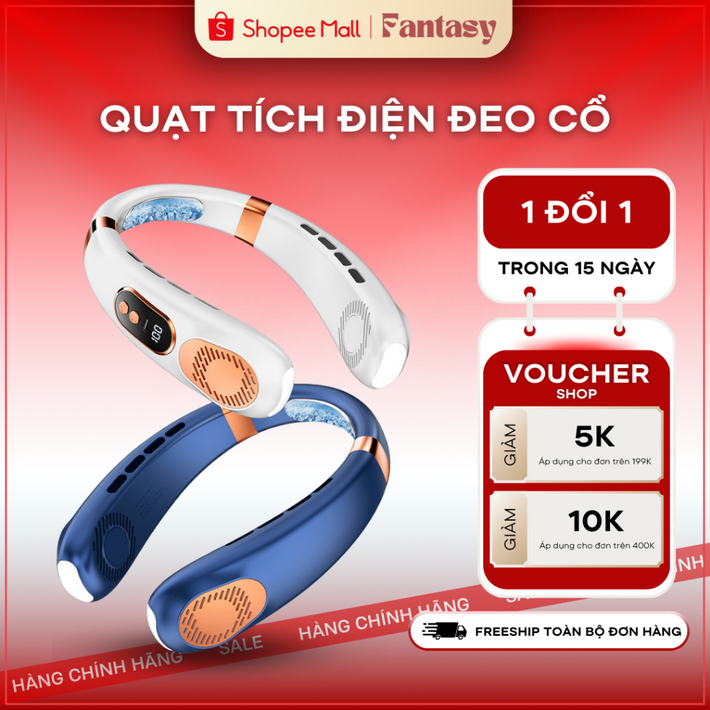 Quạt tích điện đeo cổ 5 tốc độ pin 3000mAh, quạt quàng cổ không cánh L28-MAX có đèn chiếu sáng