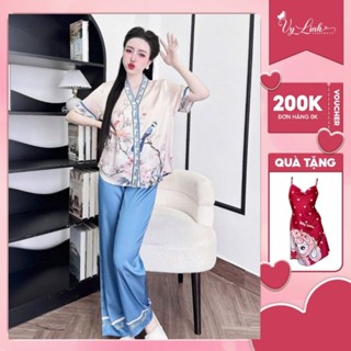 Bộ ngủ nữ cổ Y quần dài tay ngắn họa tiết 3D chất liệu lụa latin thoáng mát thấm hút mồ hôi tốt, mềm mại S1080 3D