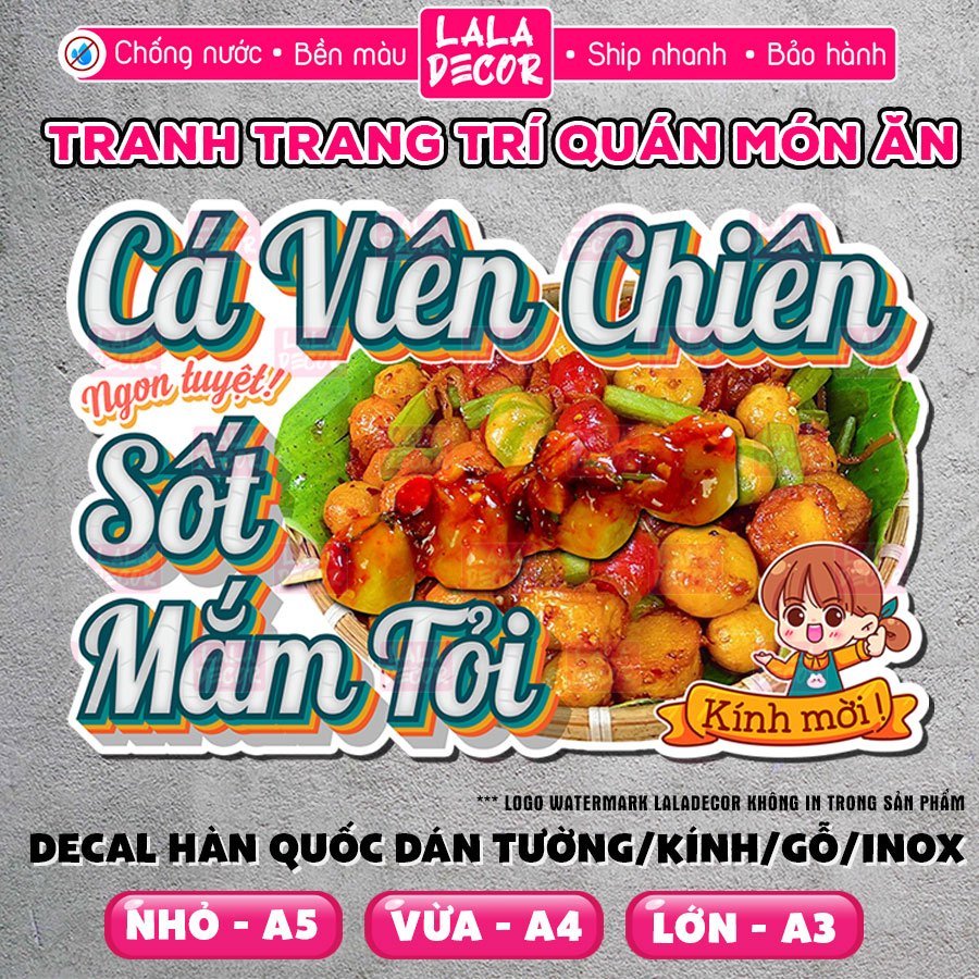 Tranh Dán Tường Cá Viên Chiên Sốt Mắm Tỏi Chống Nước 🎀 Decal Cá Viên Chiên Sẵn Keo/Ép Plastic, Decal