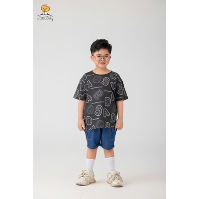 Áo cổ tròn cotton LITIBABY, bé trai ngắn tay in chữ size đại 13/17 tuổi