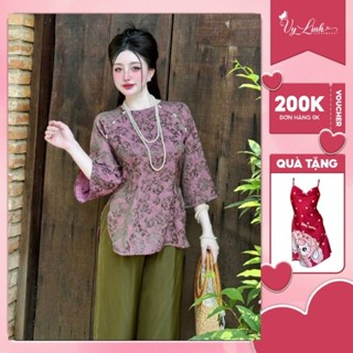 Bộ lam gấm tay lỡ đính ngọc chất liệu gấm phối lụa latin thoáng mát, không bai nhão thoáng mát thấm hút mồ hôi tốt s1185