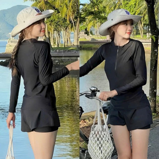 Đồ bơi áo dài kín đáo giữ nhiệt tốt dành cho nữ áo phối dây kéo có sẵn mút ngực kèm quần đùi 2 lop