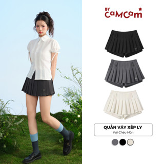 Quần Váy Xếp Ly Dáng Ngắn Bycamcam Vải Chéo Hàn Đính Logo Phong Cách Hàn Quốc 2025 CQL019