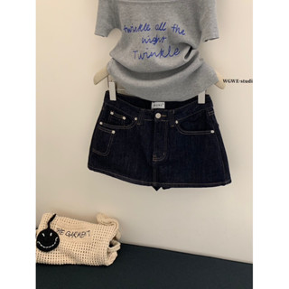 NHY.studio /WGWE/ (Sẵn) Chân váy jean xanh đậm phối chỉ nổi (có quần trong)