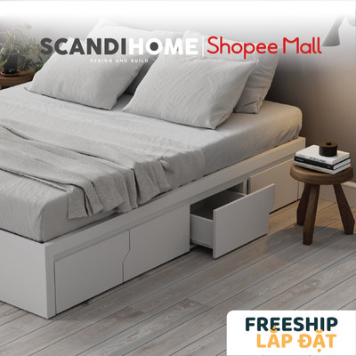 KARA, Giường ngủ 4 ngăn kéo BED_136, 203x35cm, Giường ngủ gỗ Scandi Home