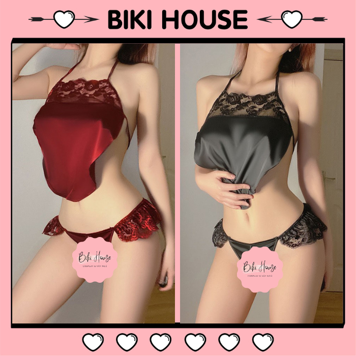 Set đồ ngủ lụa hở lưng quyến rũ dễ thương áo ngủ yếm kèm chip đỏ đen trắng gợi cảm cuốn hút BIKI HOUSE N114 - Hỏa Tốc