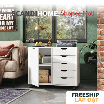 HALIFAX, Tủ lưu trữ 5 học kéo 1 cánh mở có bánh xe  DRA_043, 78x41x61cm, tủ gỗ Scandi Home
