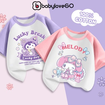 Áo cộc tay bé gái BabyloveGO áo phông cổ tròn phối tay cho bé gái in hình Kuromi chất cotton thoáng mát