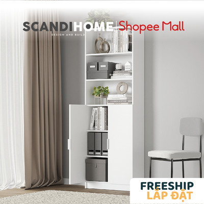 JELLY, Kệ sách 6 tầng 3 ngăn mở neo tường SHE_019, 80x30x202cm, kệ gỗ Scandi Home