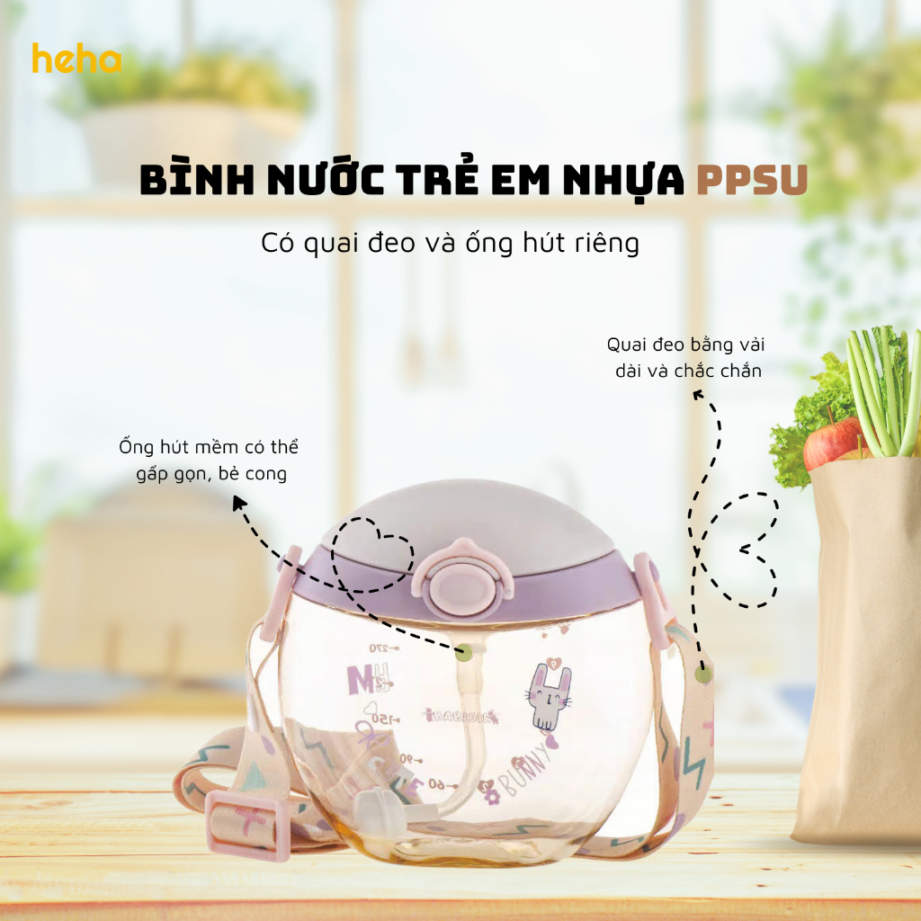 Bình uống nước trẻ em có quai đeo 330ml Heha nhựa PPSU an toàn, nắp kín và ống hút silicon vệ sinh t
