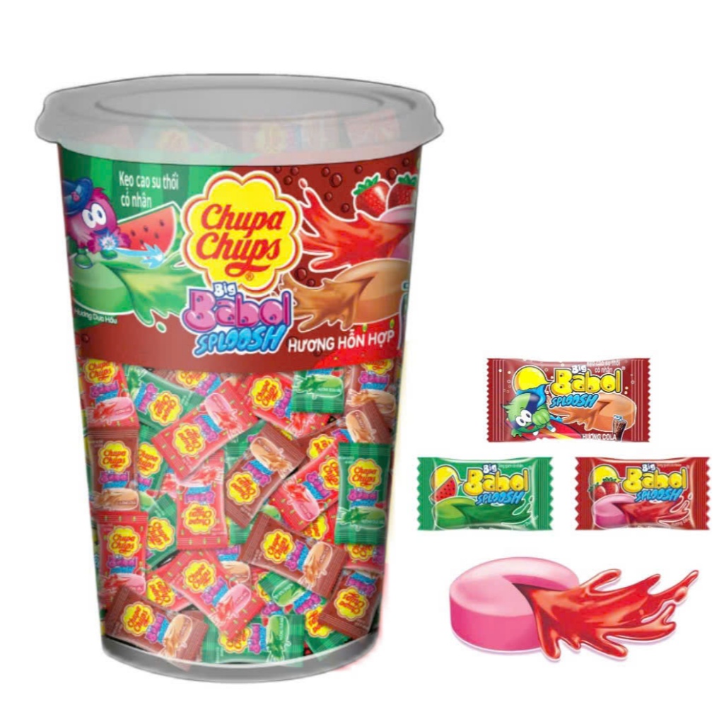 Kẹo cao su gum thổi có nhân Chupa Chups Big Babol Sploosh (Hũ 74 viên) hương dưa hấu, dâu, cola