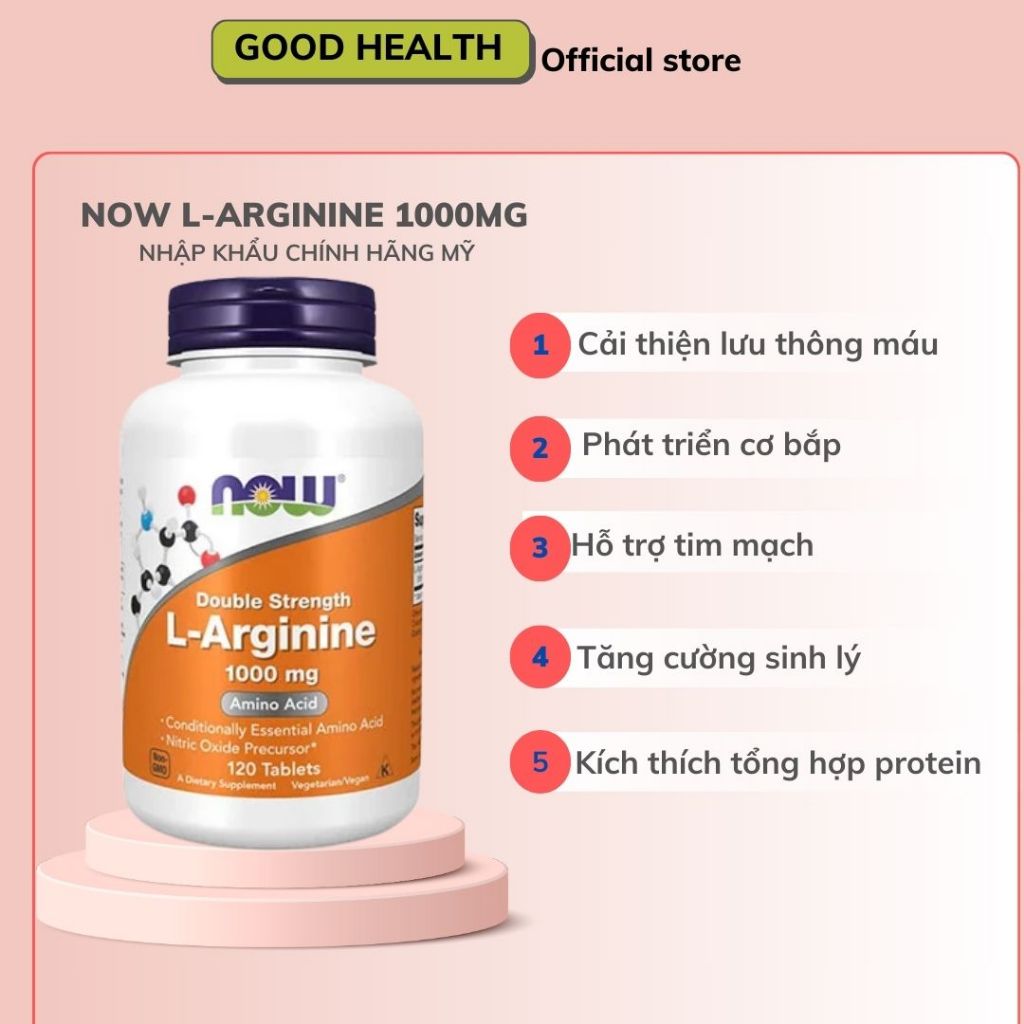 NOW L-Arginine 1000mg | Double Strength - Viên uống hỗ trợ sức khỏe tim mạch, cơ bắp, sinh lý