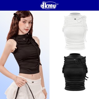 Áo ba lỗ nữ cổ cao họa tiết nhún bèo DKMV màu đen, trắng thiết kế thắt nơ nhún eo đáng yêu Kansai Top | K-T19