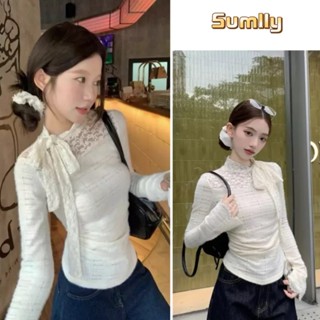  Áo thun dài tay thanh lịch có ren và nơ Áo thun nữ màu trơn chất lượng cao cotton bó sátformbasic 