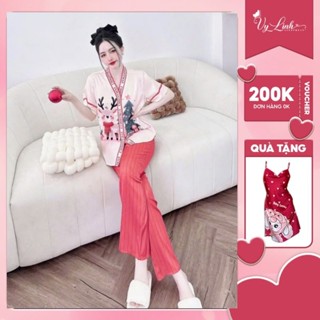  Bộ đồ ngủ nữ quần dài tay ngắn cổ Y họa tiết giáng sinh chất latin mặc mềm mại thoải mái sang trọng s1080 noel 