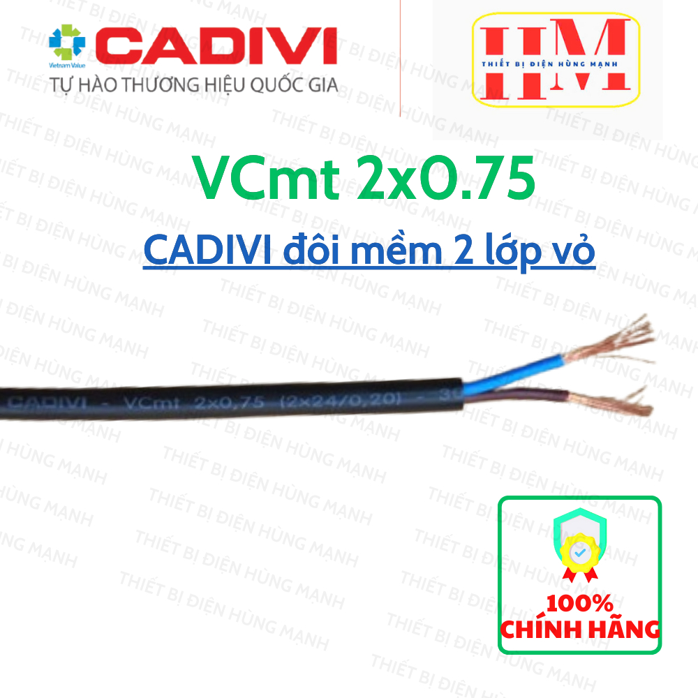 (giá 5 mét) Dây điện Cadivi đôi VCmt 2x0.75 mm tròn mềm 2 lớp vỏ bọc