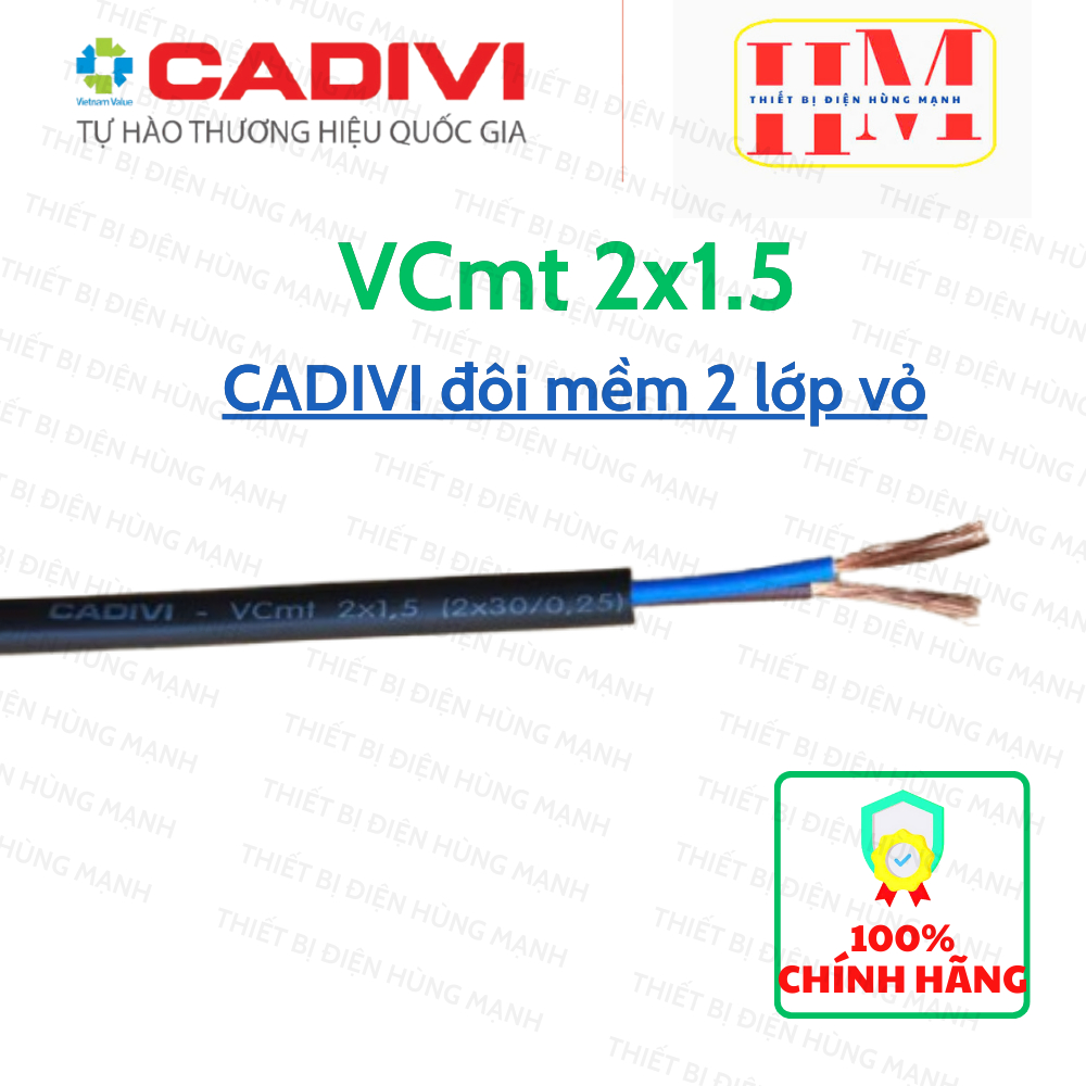 (giá 5 mét) Dây điện Cadivi đôi VCmt 2x1.5 mm tròn mềm 2 lớp vỏ bọc lõi đồng
