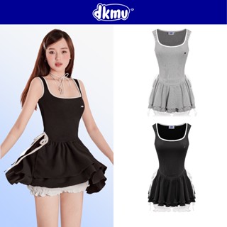  Đầm hai dây bản to váy xếp tầng DKMV kèm quần trong dáng bí cổ vuông dây thắt nơ màu đen xám Bernice Dress | K-D8 